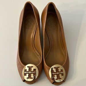Tory Burch Tan Peep Toe Wedge Size 6.5
